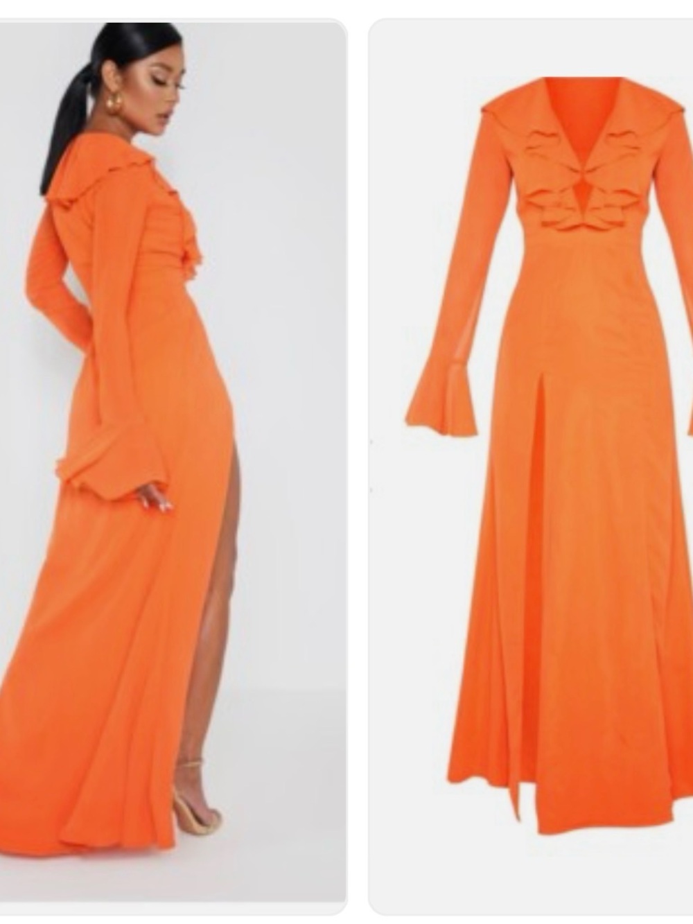 PrettyLittleThing Bright Orange Plunge Ruffle Maxi Dress